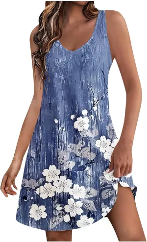 Summer Dresses for Women Fashion Beach Vacation Boho Floral Tunic Dress Sexy v Neck Sleeveless Mini Tank Sundress