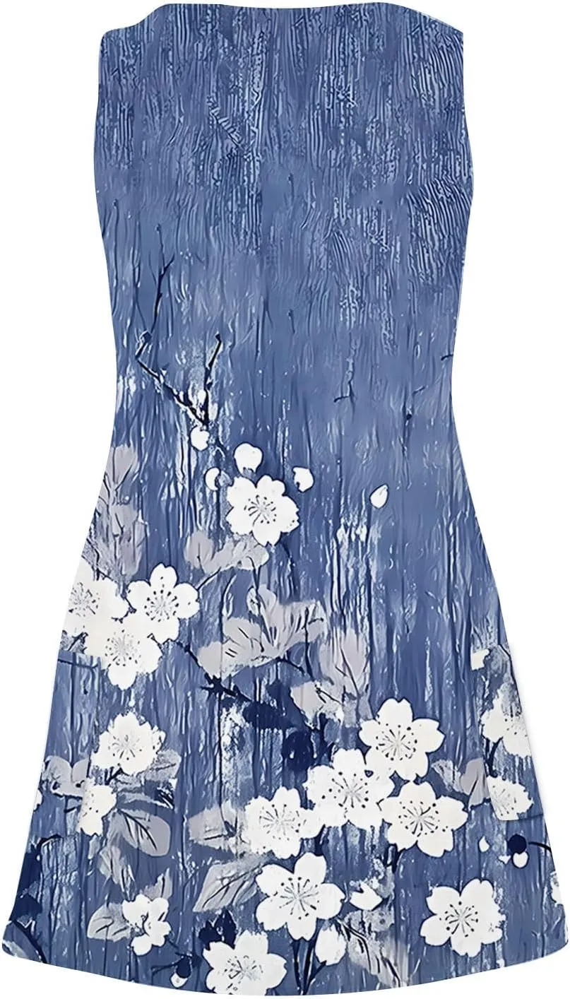 Summer Dresses for Women Fashion Beach Vacation Boho Floral Tunic Dress Sexy v Neck Sleeveless Mini Tank Sundress