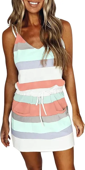 Summer Dresses for Women,Trendy Striped Sleeveless Halter Strap Beach Mini Sundresses Boho Flowy Dress with Pockets