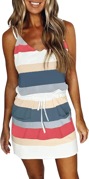 Summer Dresses for Women,Trendy Striped Sleeveless Halter Strap Beach Mini Sundresses Boho Flowy Dress with Pockets