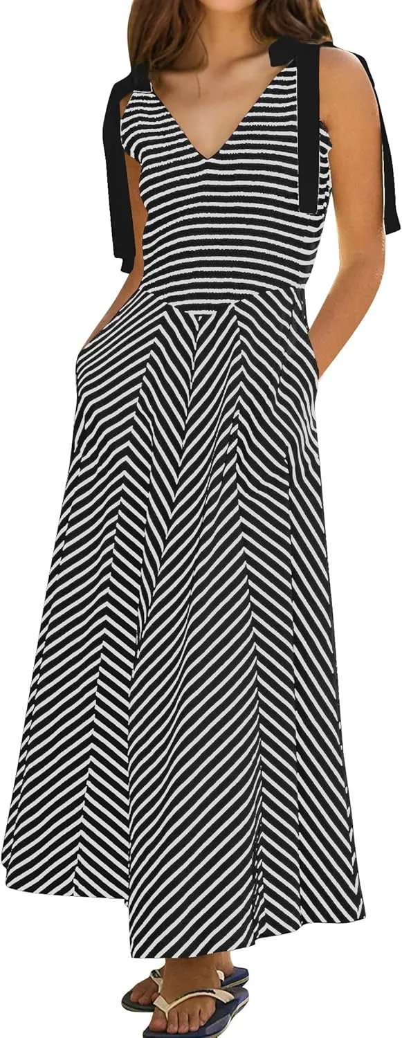 Summer Striped Dresses for Women 2025 Trendy Vacation Beach Sundress Flowy V Neck Long Dress with Pockets