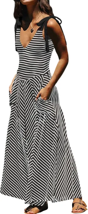 Summer Striped Dresses for Women 2025 Trendy Vacation Beach Sundress Flowy V Neck Long Dress with Pockets