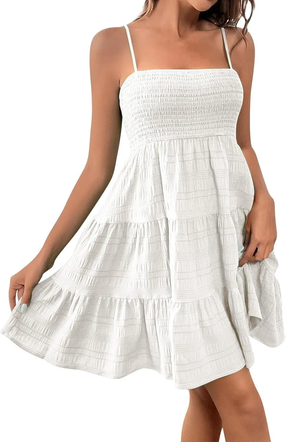 Sundresses for Women 2025 Short Smocked Spaghetti Strap Babydoll Dress Casual Summer Flowy Tiered A Line Skater Dress