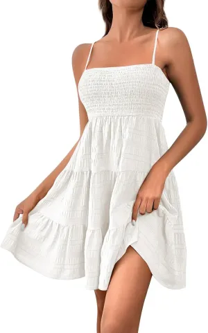 Sundresses for Women 2025 Short Smocked Spaghetti Strap Babydoll Dress Casual Summer Flowy Tiered A Line Skater Dress