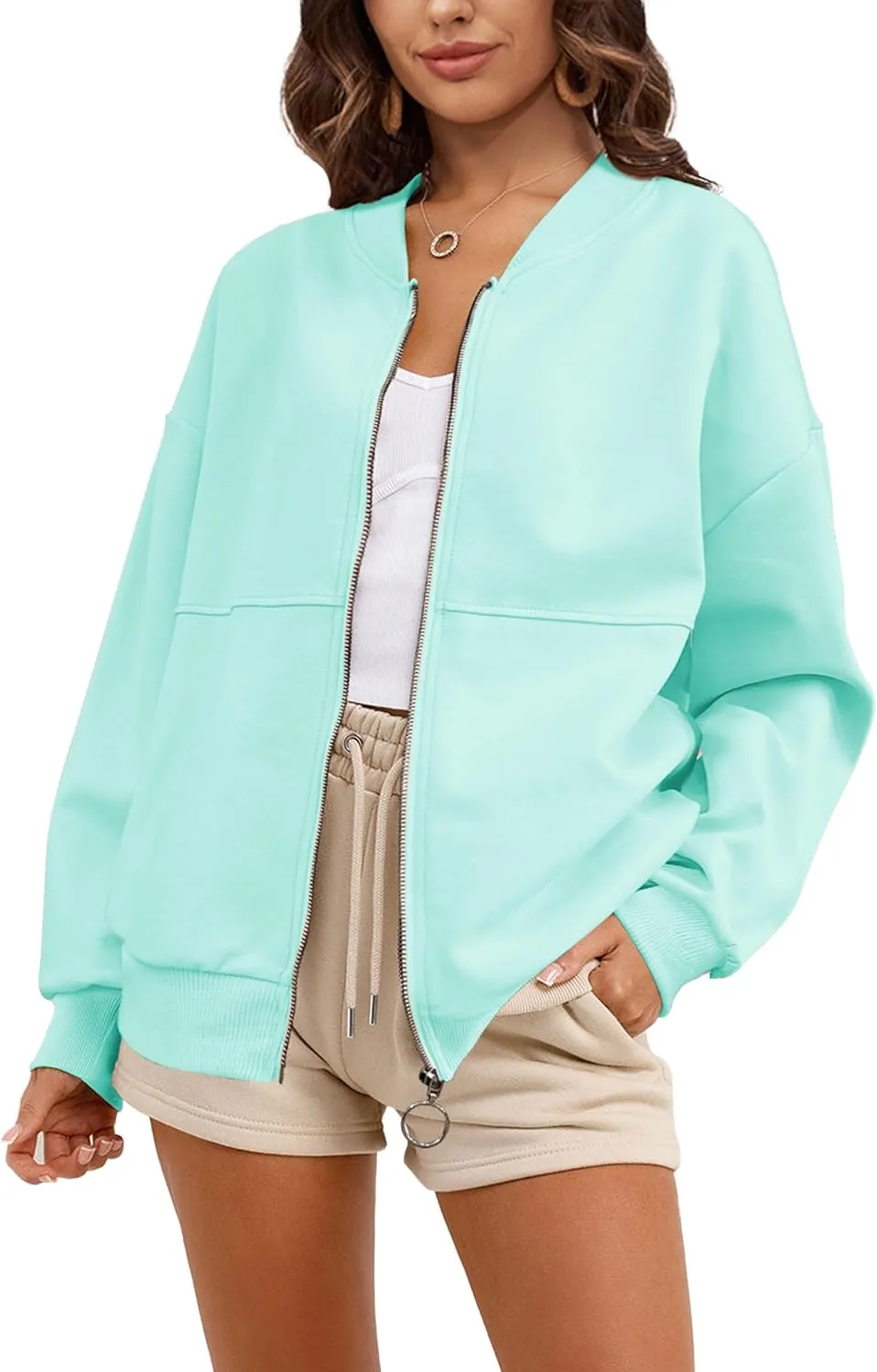 SuperPrity Women Crewneck Zip Up Sweatshirts Long Sleeve Oversized Jacket Coat Pocket Casual Hoodie 2024 Fall Trendy Outfits