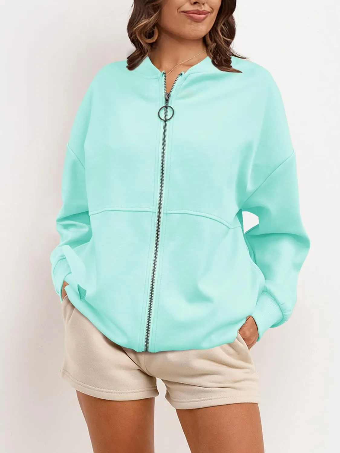 SuperPrity Women Crewneck Zip Up Sweatshirts Long Sleeve Oversized Jacket Coat Pocket Casual Hoodie 2024 Fall Trendy Outfits