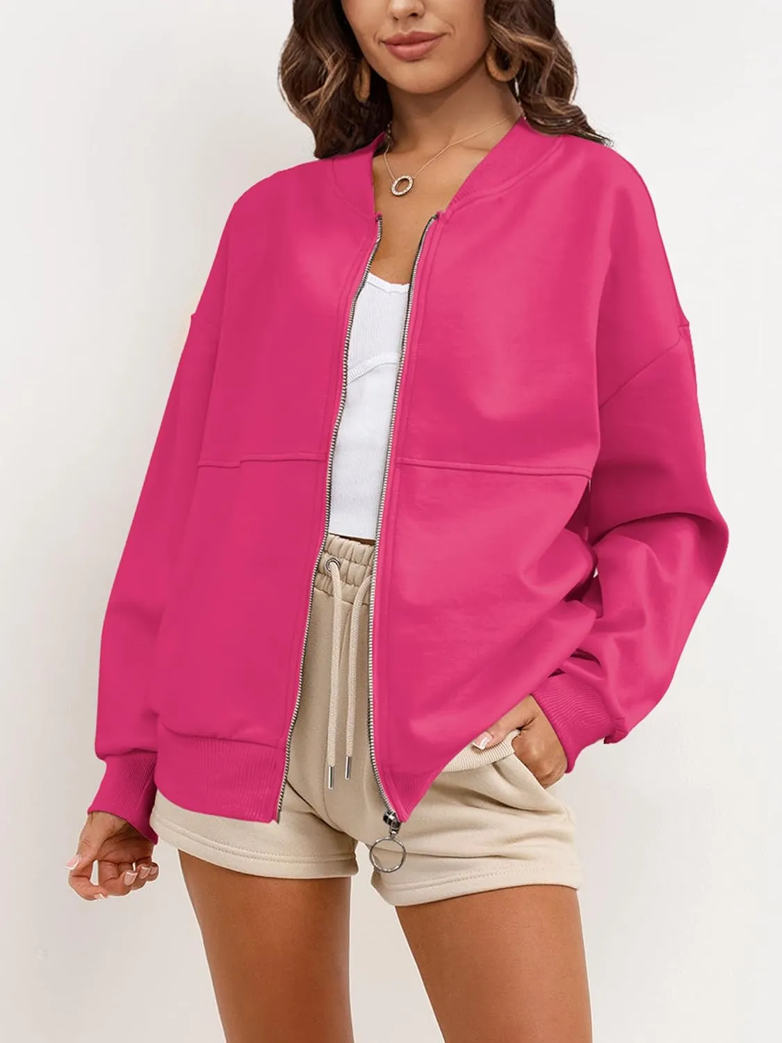 SuperPrity Women Crewneck Zip Up Sweatshirts Long Sleeve Oversized Jacket Coat Pocket Casual Hoodie 2024 Fall Trendy Outfits