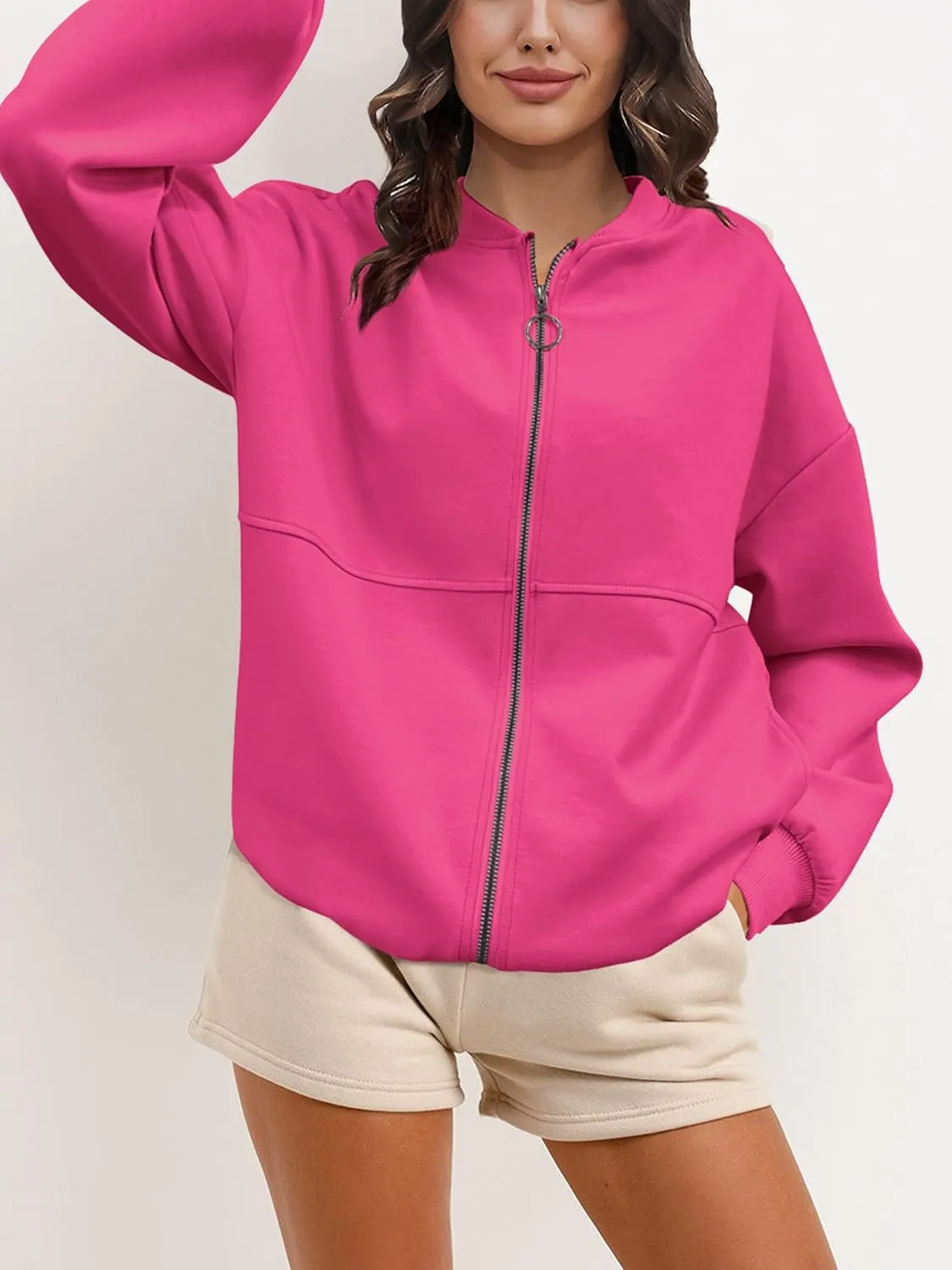 SuperPrity Women Crewneck Zip Up Sweatshirts Long Sleeve Oversized Jacket Coat Pocket Casual Hoodie 2024 Fall Trendy Outfits