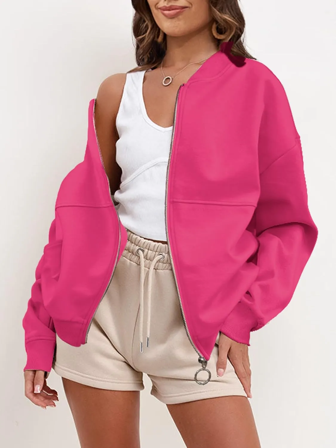 SuperPrity Women Crewneck Zip Up Sweatshirts Long Sleeve Oversized Jacket Coat Pocket Casual Hoodie 2024 Fall Trendy Outfits