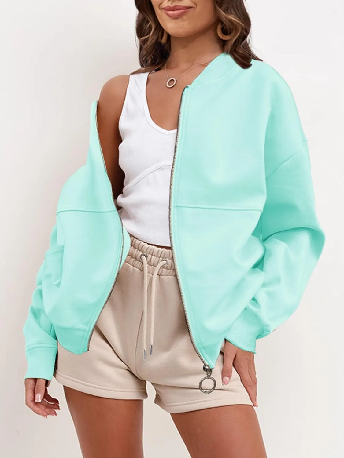 SuperPrity Women Crewneck Zip Up Sweatshirts Long Sleeve Oversized Jacket Coat Pocket Casual Hoodie 2024 Fall Trendy Outfits