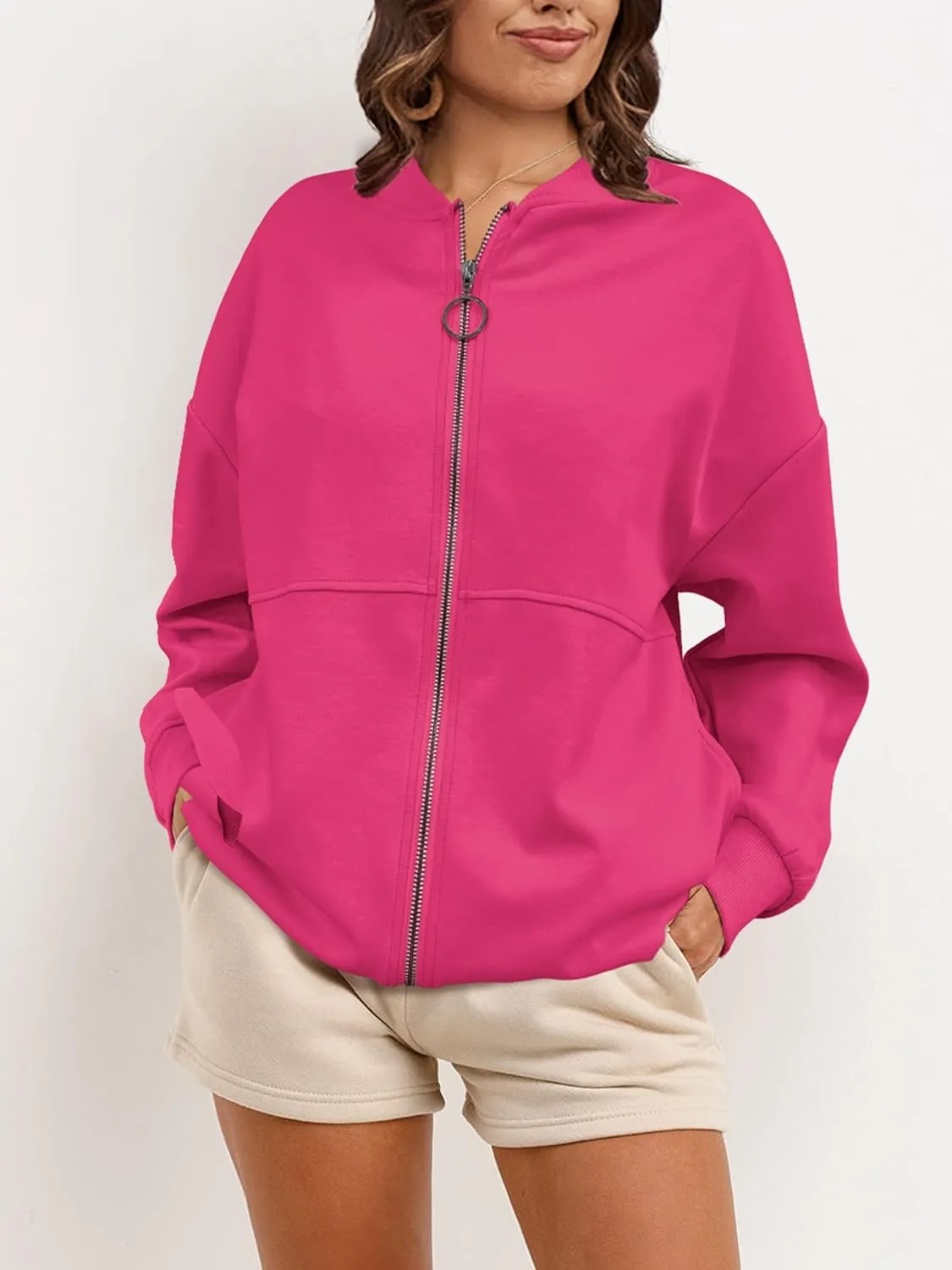 SuperPrity Women Crewneck Zip Up Sweatshirts Long Sleeve Oversized Jacket Coat Pocket Casual Hoodie 2024 Fall Trendy Outfits