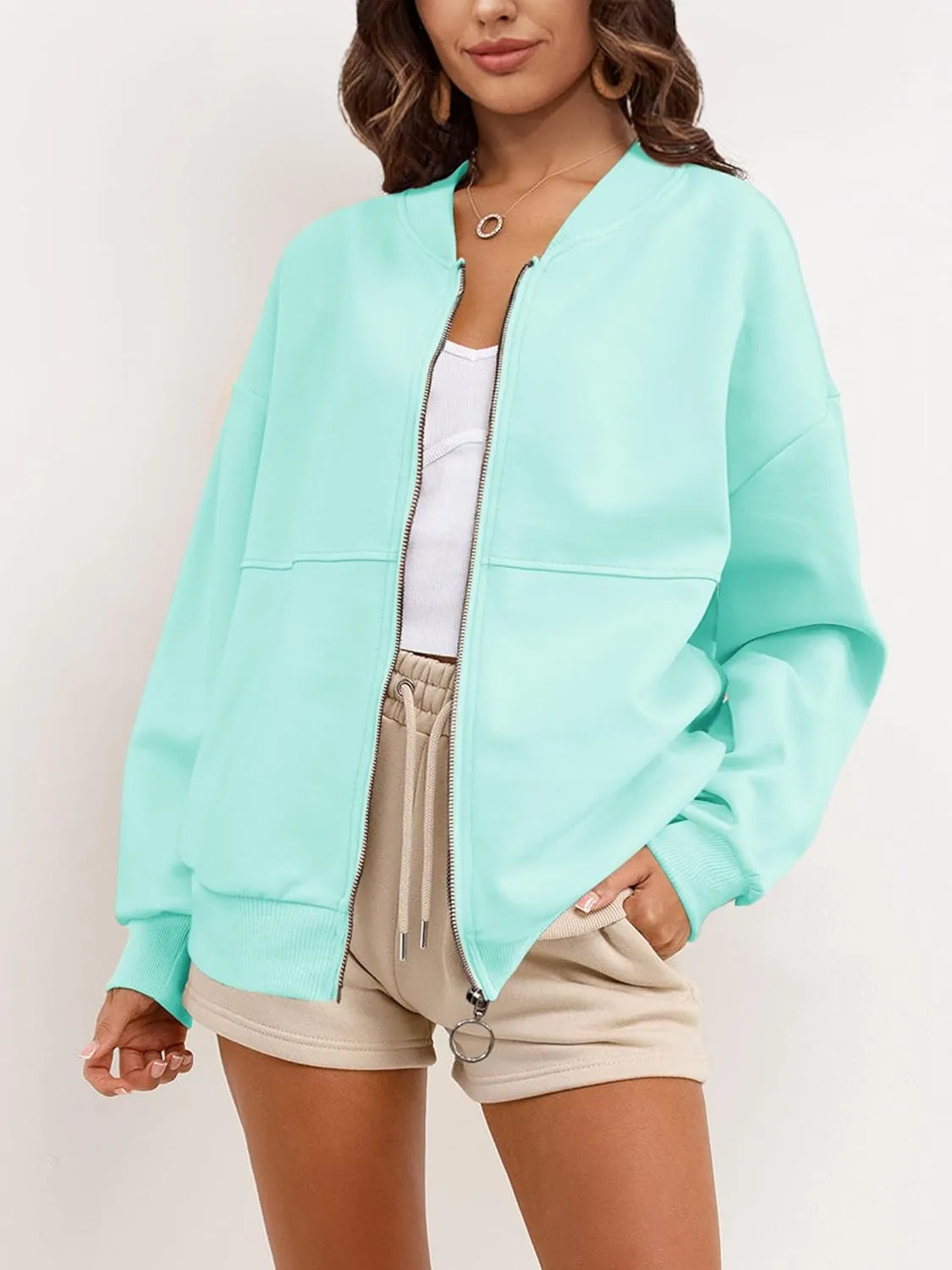SuperPrity Women Crewneck Zip Up Sweatshirts Long Sleeve Oversized Jacket Coat Pocket Casual Hoodie 2024 Fall Trendy Outfits