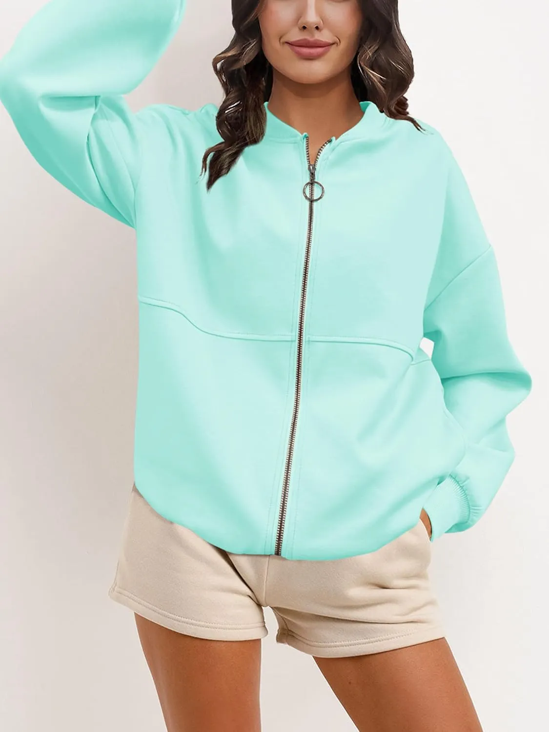 SuperPrity Women Crewneck Zip Up Sweatshirts Long Sleeve Oversized Jacket Coat Pocket Casual Hoodie 2024 Fall Trendy Outfits