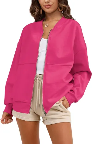 SuperPrity Women Crewneck Zip Up Sweatshirts Long Sleeve Oversized Jacket Coat Pocket Casual Hoodie 2024 Fall Trendy Outfits