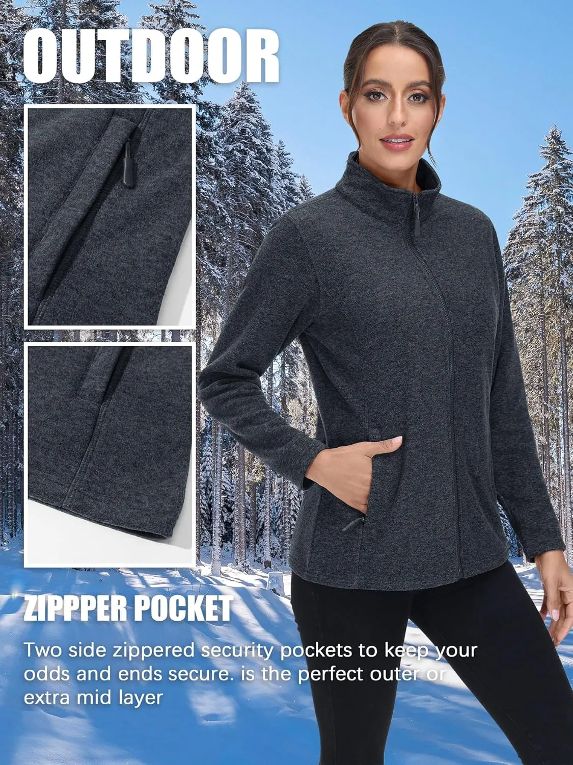 TACVASEN Women's Full Zip Fleece Jacket Lightweight Jacket Womens Winter Warm Coats with 2 Zipper Pockets