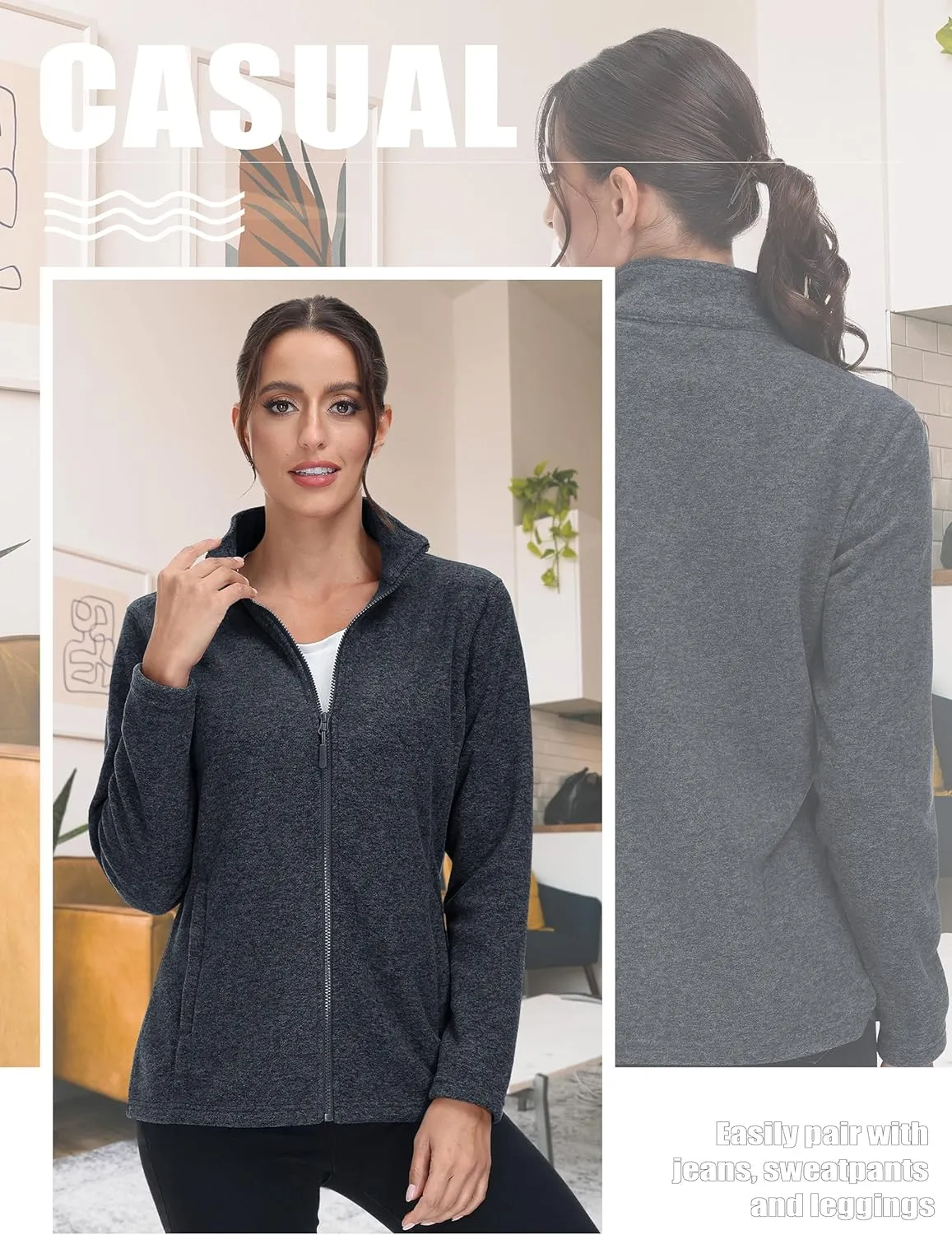 TACVASEN Women's Full Zip Fleece Jacket Lightweight Jacket Womens Winter Warm Coats with 2 Zipper Pockets