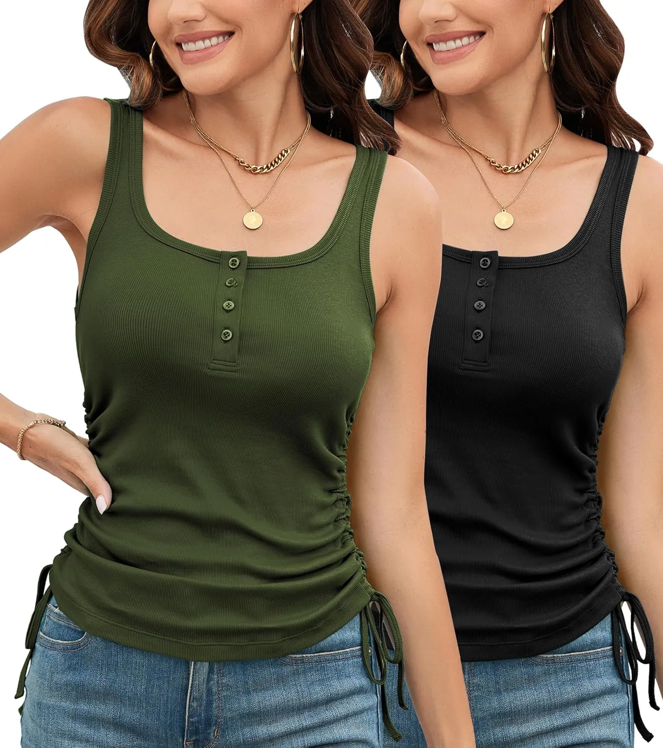 TAIPOVE Sleeveless Tank Top for Women Button Down Ribbed Yoga Shirts Side Ruched Drawstring Undershirts