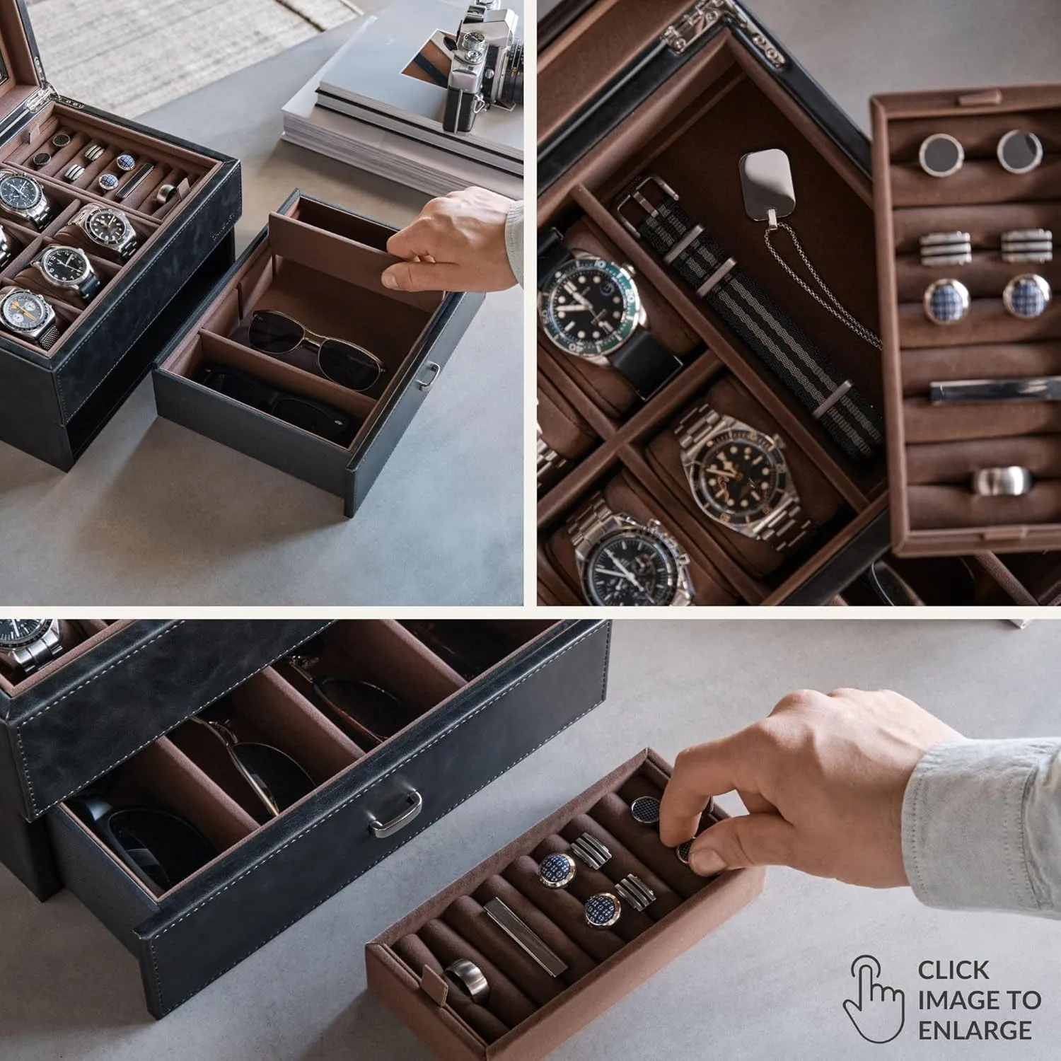 TAWBURY 6 Slot Watch Box for Men - Luxury Watch Box with Storage Drawer | Mens Jewelry Box with Watch Storage | Watch Display Case | Watch Boxes for Men (Black)