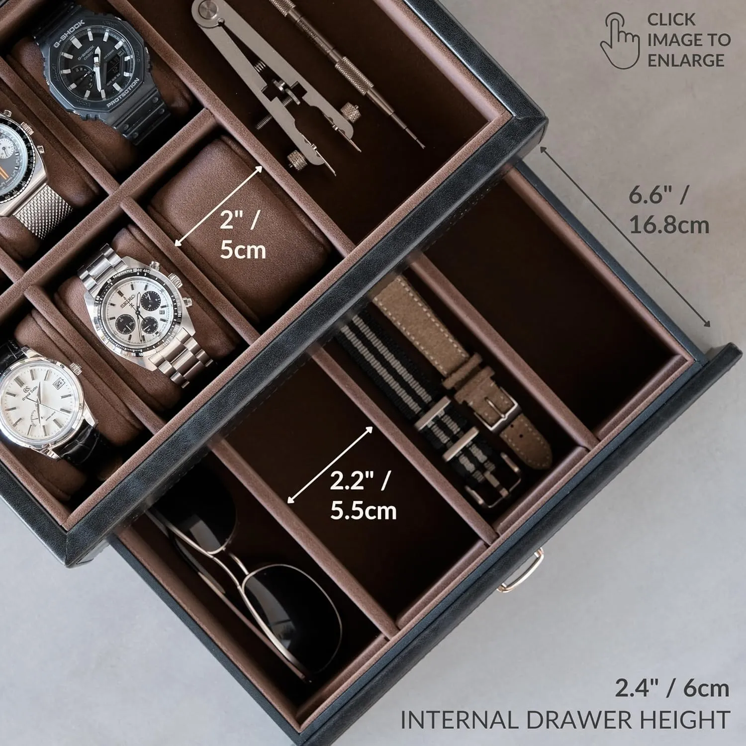 TAWBURY 6 Slot Watch Box for Men - Luxury Watch Box with Storage Drawer | Mens Jewelry Box with Watch Storage | Watch Display Case | Watch Boxes for Men (Black)