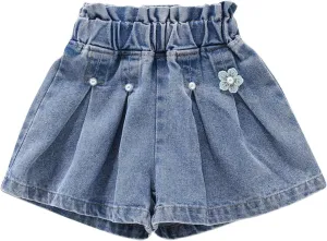 Teen Girls Jeans Shorts Cute High Waisted Flower Ruffle Pleated Denim Shorts Summer Beach Wear Kids Pull (A, 5-6 Years)
