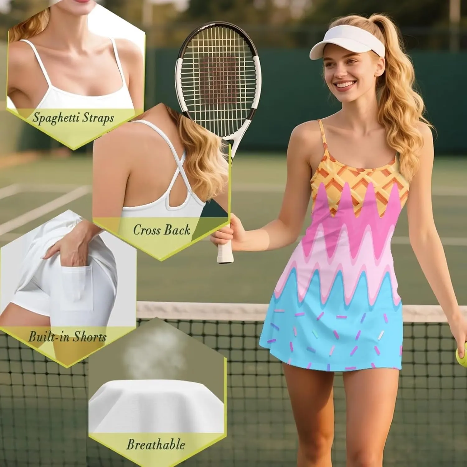 Tennis Dress for Women Athletic Dress with Built-in Shorts & Bra, Adjustable Straps & Pocket, Summer Golf Outfits
