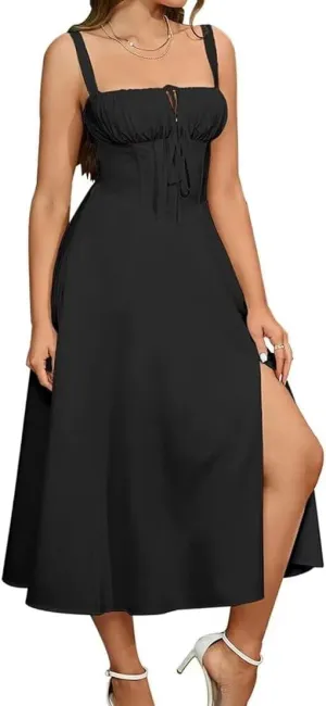 Ternlm Summer Casual Midi Dress Corset Flowy Milkmaid Dress Slit Dresses for Women