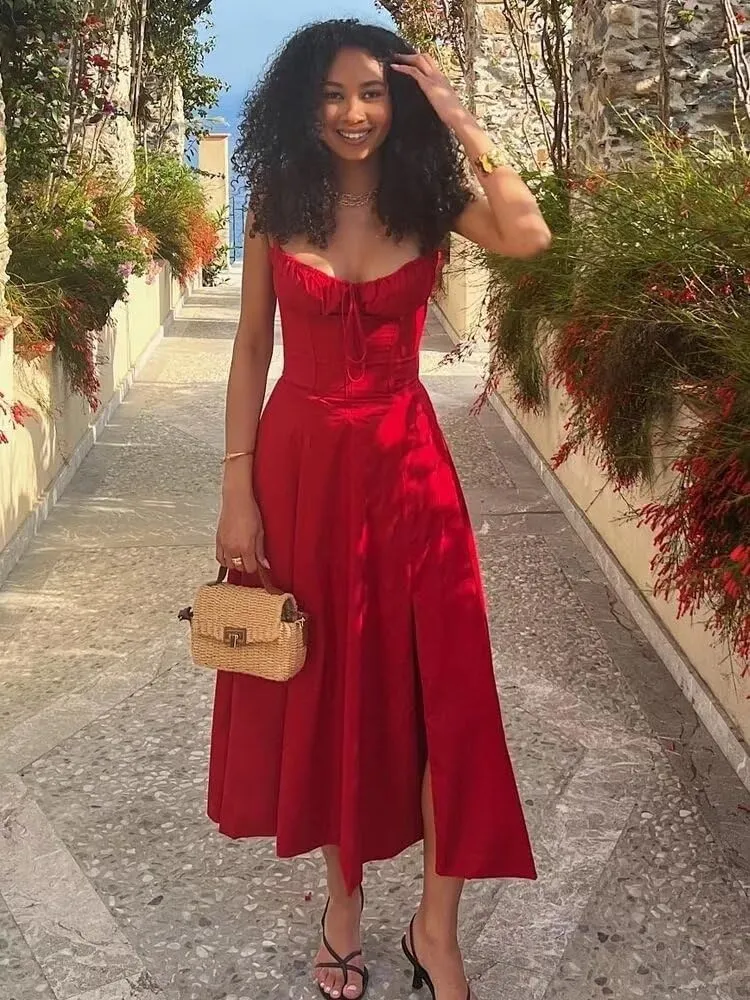 Ternlm Summer Casual Midi Dress Corset Flowy Milkmaid Dress Slit Dresses for Women