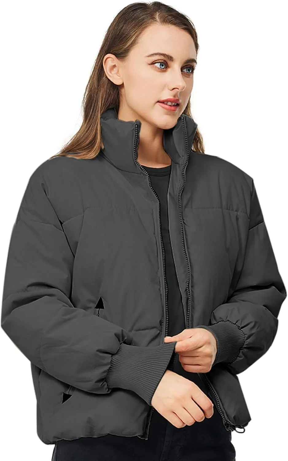 TRATENBY Women's Winter Pockets Baggy Short Down Jacket Cropped Puffer Long Sleeve Zip Coats