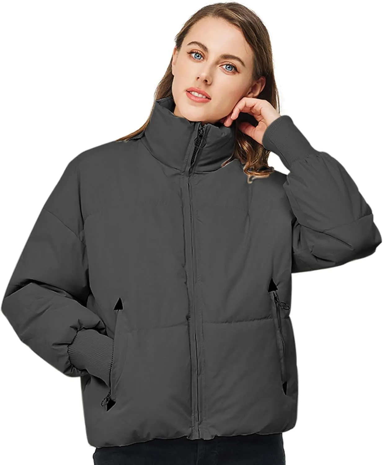 TRATENBY Women's Winter Pockets Baggy Short Down Jacket Cropped Puffer Long Sleeve Zip Coats