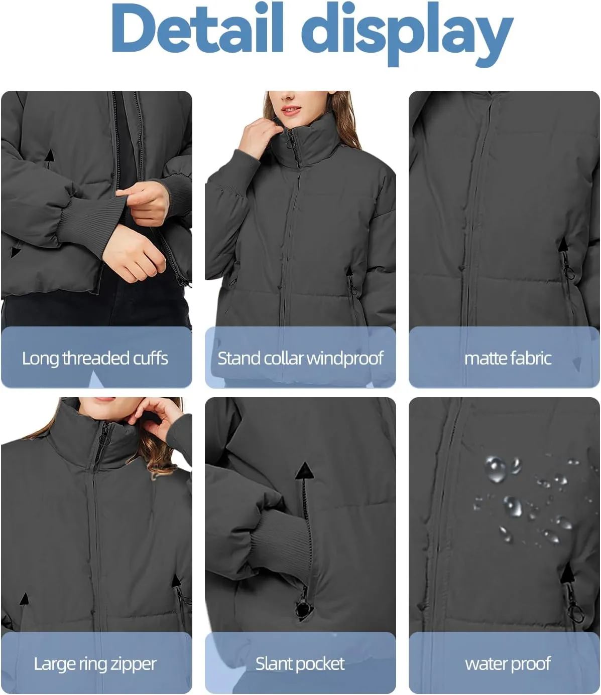 TRATENBY Women's Winter Pockets Baggy Short Down Jacket Cropped Puffer Long Sleeve Zip Coats