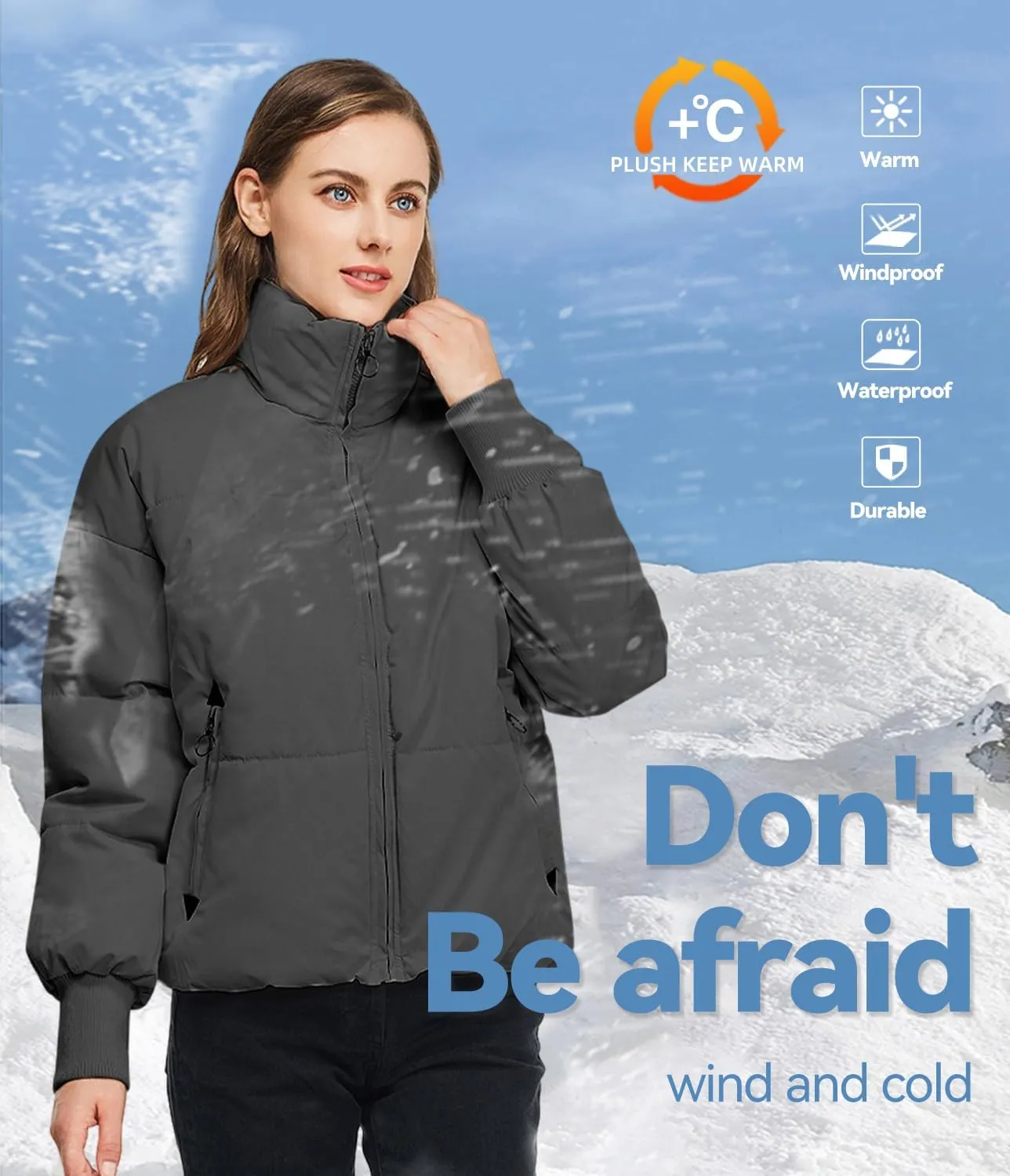 TRATENBY Women's Winter Pockets Baggy Short Down Jacket Cropped Puffer Long Sleeve Zip Coats