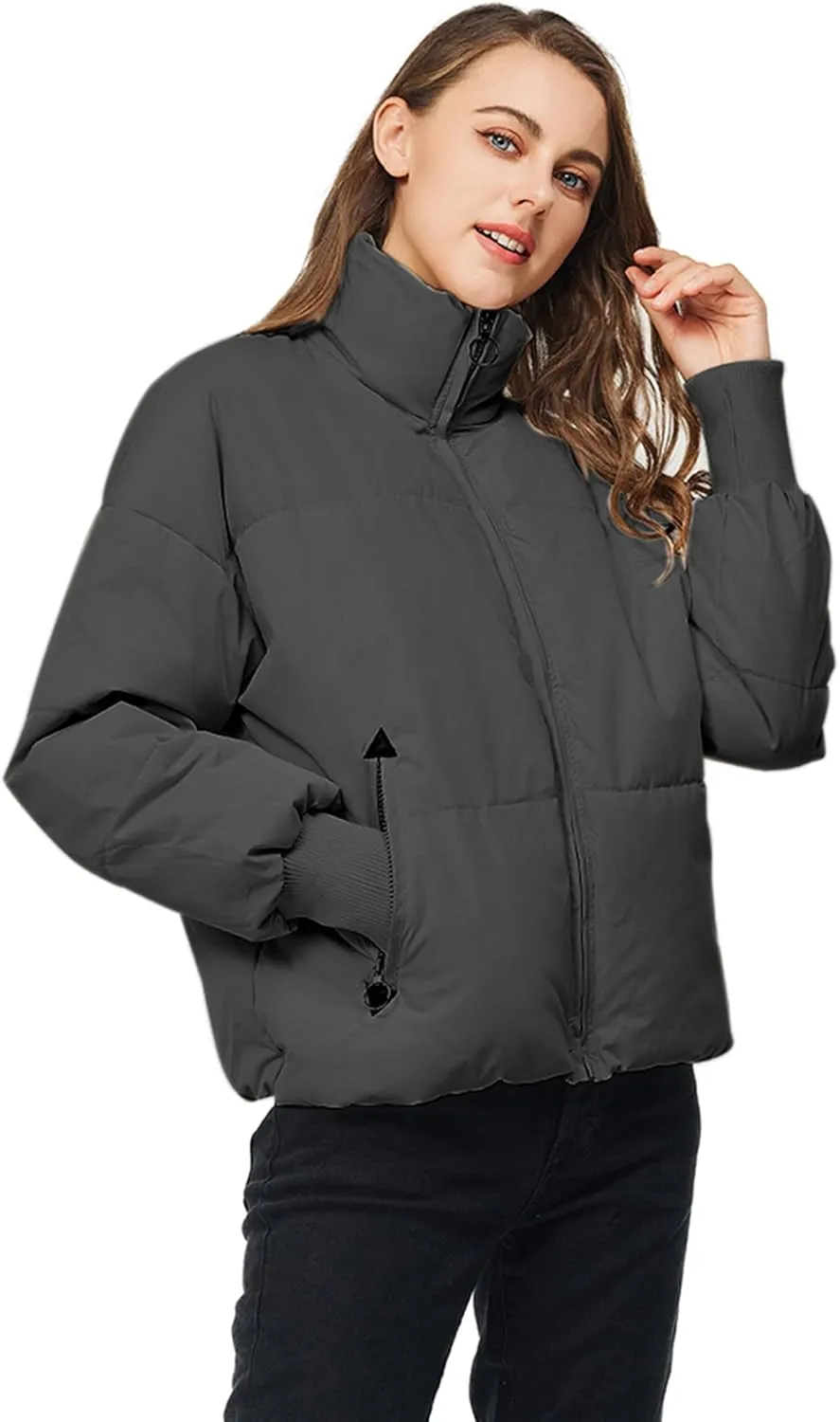 TRATENBY Women's Winter Pockets Baggy Short Down Jacket Cropped Puffer Long Sleeve Zip Coats