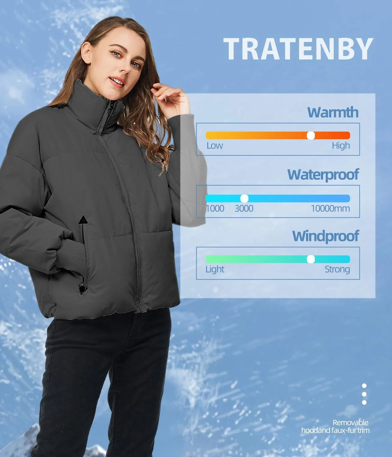 TRATENBY Women's Winter Pockets Baggy Short Down Jacket Cropped Puffer Long Sleeve Zip Coats