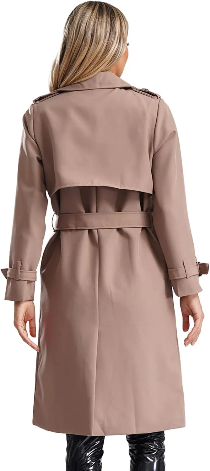 Trench Coats for Women Double Breasted Mid-Length Belted Overcoat Long Dress Jacket Coat with Belt
