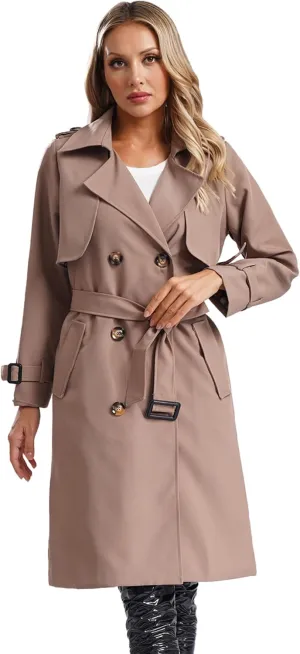 Trench Coats for Women Double Breasted Mid-Length Belted Overcoat Long Dress Jacket Coat with Belt
