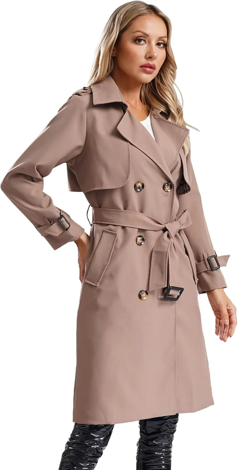 Trench Coats for Women Double Breasted Mid-Length Belted Overcoat Long Dress Jacket Coat with Belt