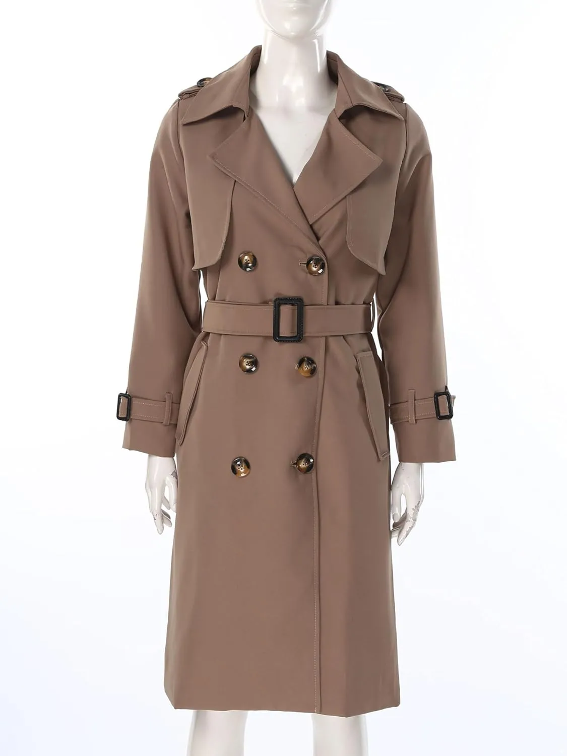 Trench Coats for Women Double Breasted Mid-Length Belted Overcoat Long Dress Jacket Coat with Belt