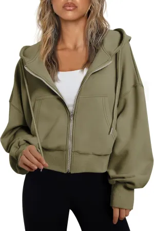 Trendy Queen Hoodies for Women Full Zip Up Cropped Sweatshirts Jackets Casual Comfy Gym Tops Fall Outfits Winter Clothes 2025