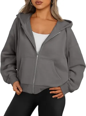 Trendy Queen Zip Up Hoodies For Women Cropped Sweatshirts Fall Fashion Outfits 2025 Y2k Fleece Teen Girls Clothes
