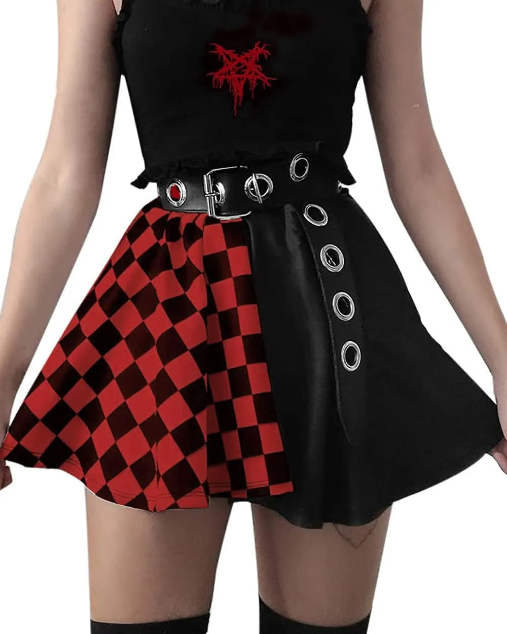 TSMNZMU Womens Punk Plaid Mini Skirts High Waist Gothic Grunge Skirt Y2K Alt Emo Checkered Skirt with Belt