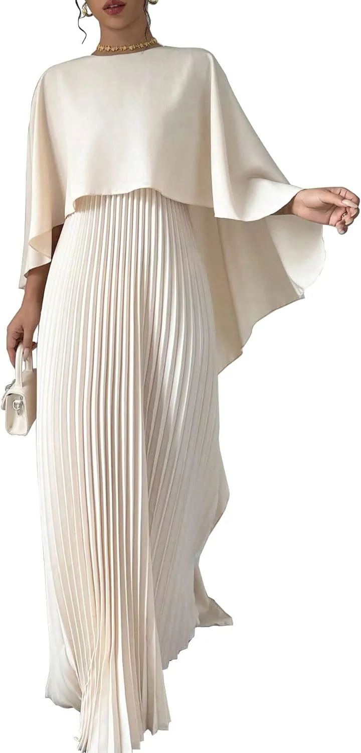 UOOZEE Women's 2025 Spring Wedding Guest Casual Dresses Pleated Crewneck A Line Maxi Party Dress