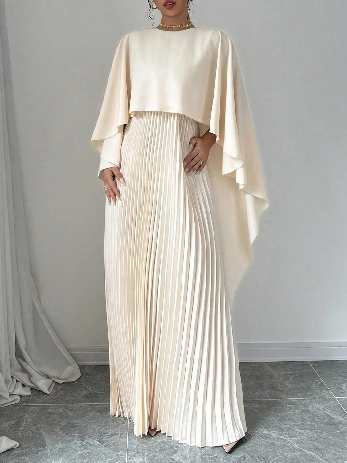 UOOZEE Women's 2025 Spring Wedding Guest Casual Dresses Pleated Crewneck A Line Maxi Party Dress