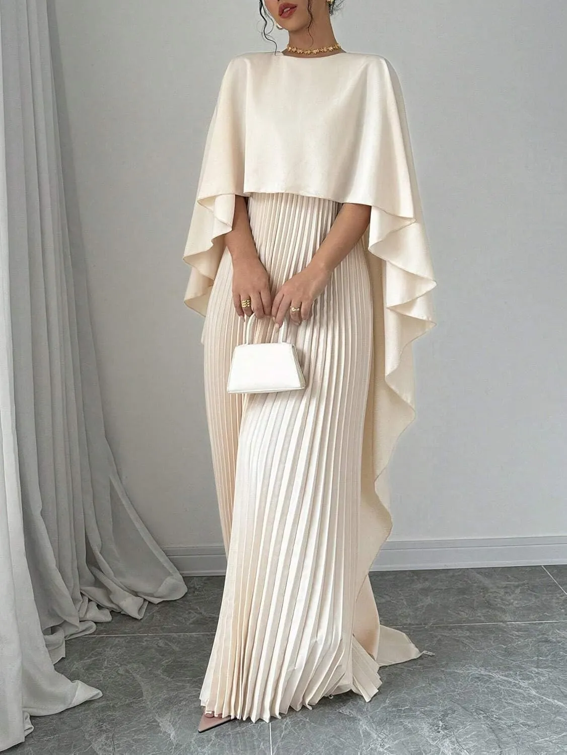 UOOZEE Women's 2025 Spring Wedding Guest Casual Dresses Pleated Crewneck A Line Maxi Party Dress