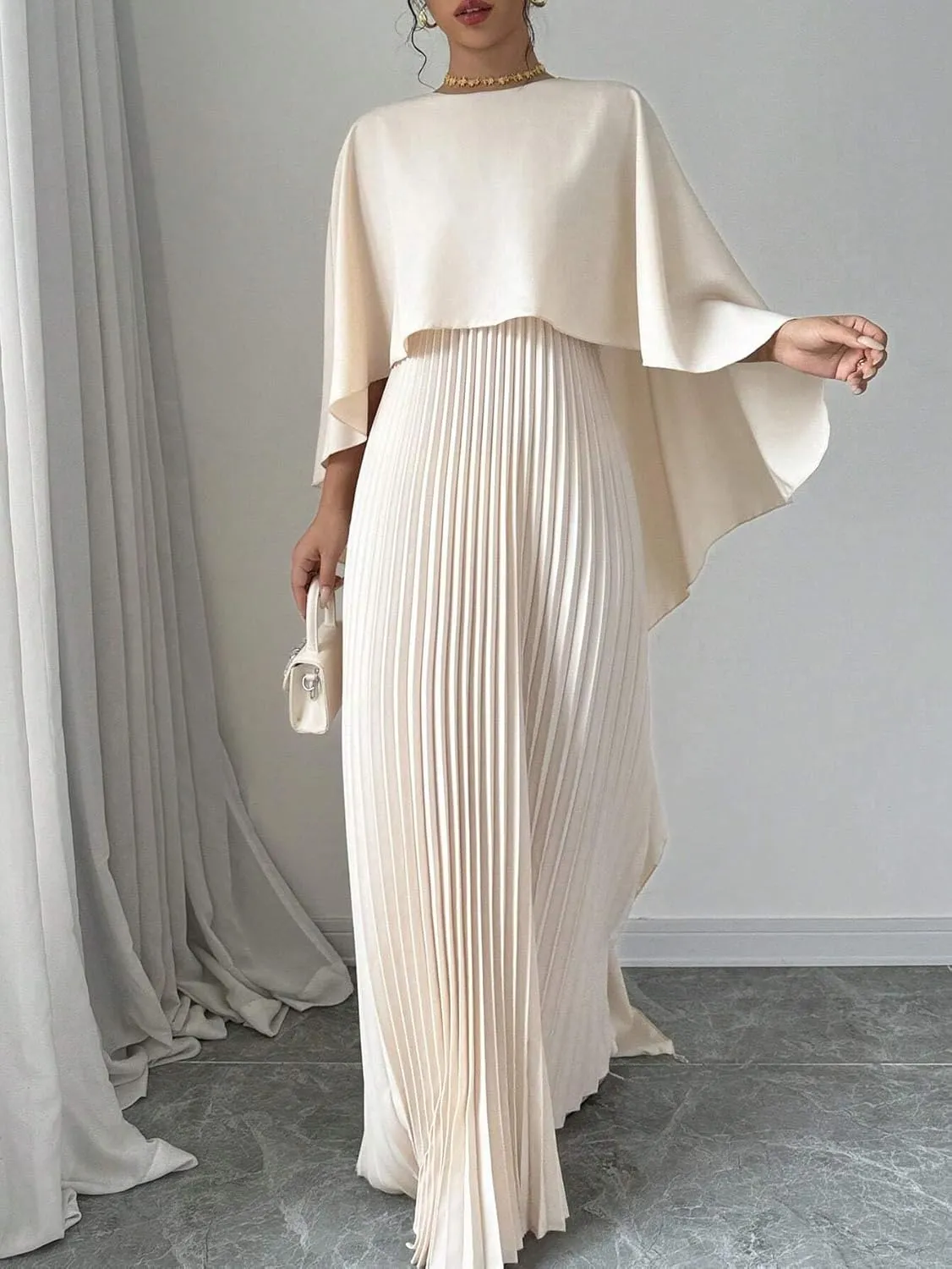 UOOZEE Women's 2025 Spring Wedding Guest Casual Dresses Pleated Crewneck A Line Maxi Party Dress