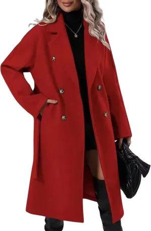 utcoco Women's Trench Coats 2024 Double-Breasted Notch Lapel Long Midi Pea Coat with Belt