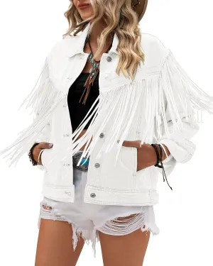 Vetinee Denim Jacket for Women Fringe Trucker Jean Jacket Distressed Western Cowgirl Shacket Jackets Coachella Festival