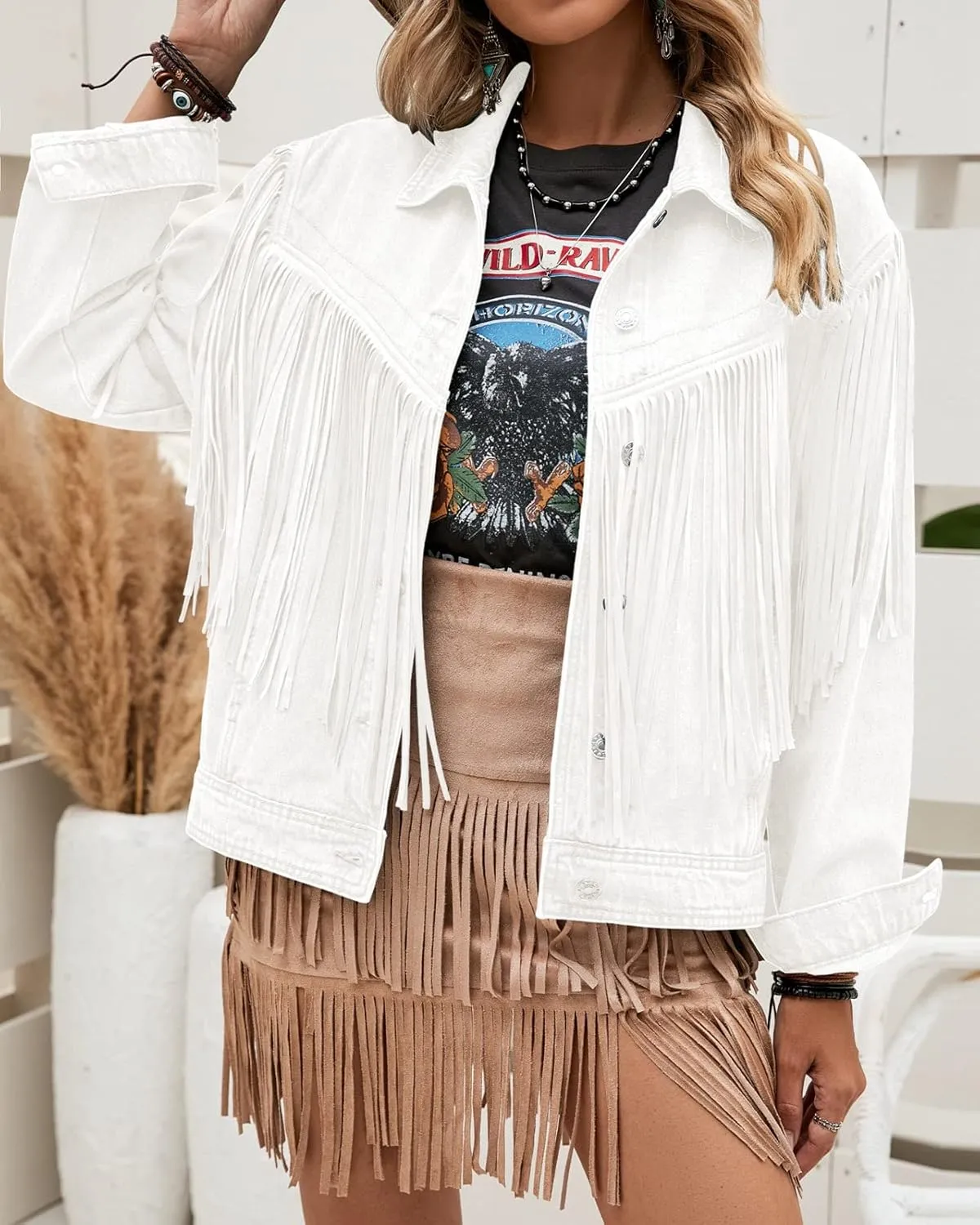 Vetinee Denim Jacket for Women Fringe Trucker Jean Jacket Distressed Western Cowgirl Shacket Jackets Coachella Festival