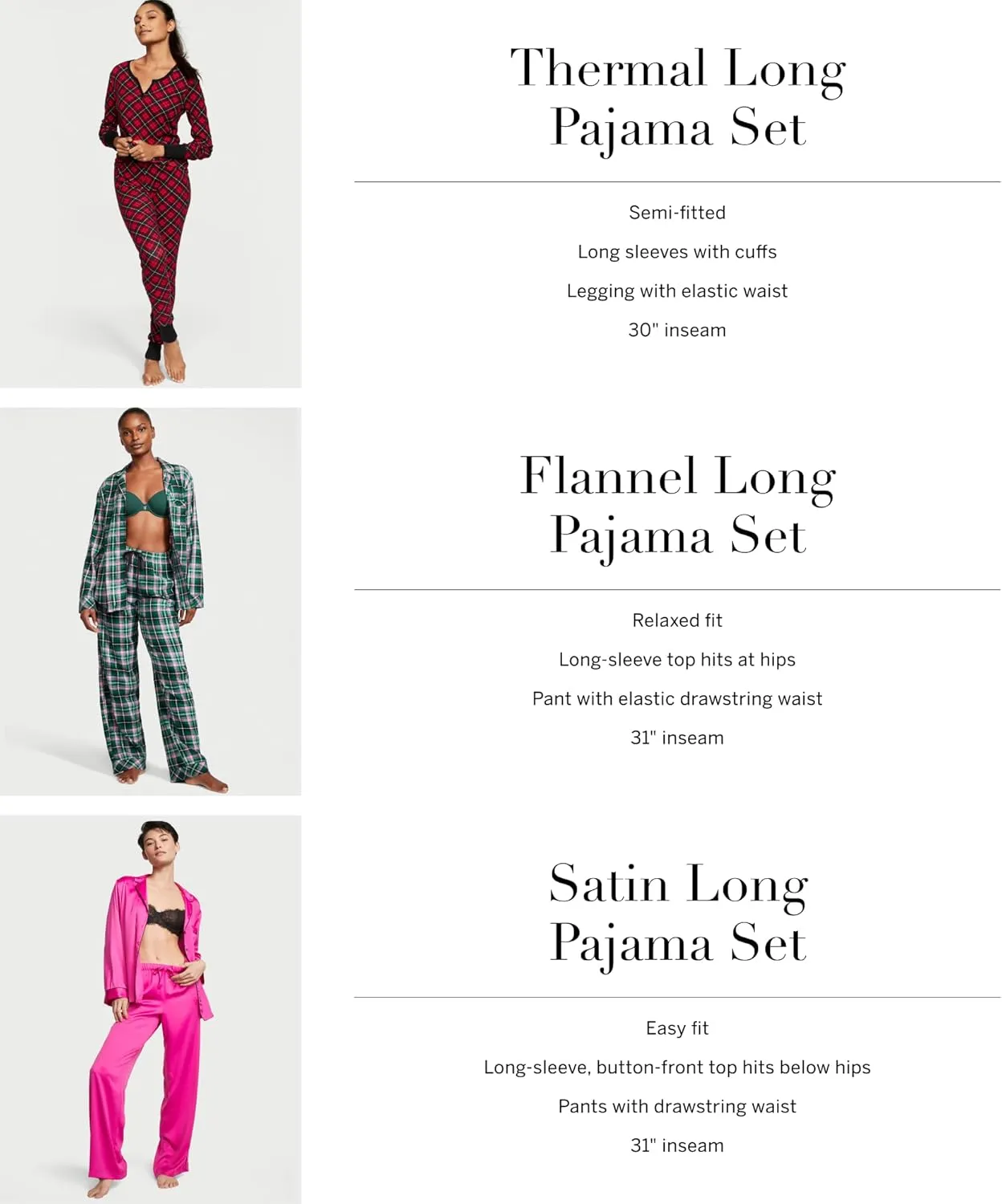 Victoria's Secret Thermal Pajama Set, Long Sleeve Shirt and Pants, Sleepwear for Women (XS-XXL)