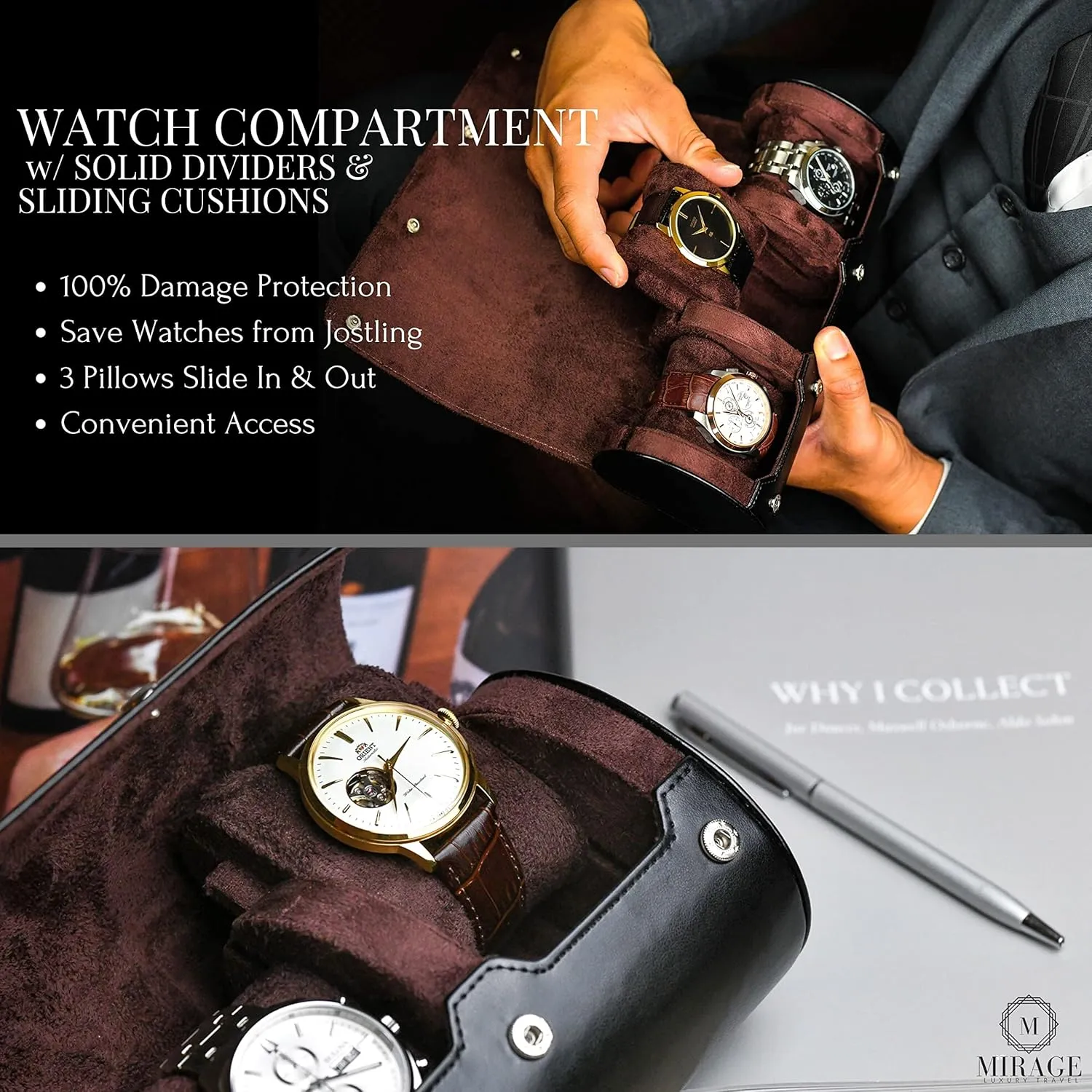 Watch Roll Case Organizer - Watch Travel Case for Men and Women - 3 Watch Carrying Case and Display - Jade Black with Mahogany Brown Interior Vegan Leather