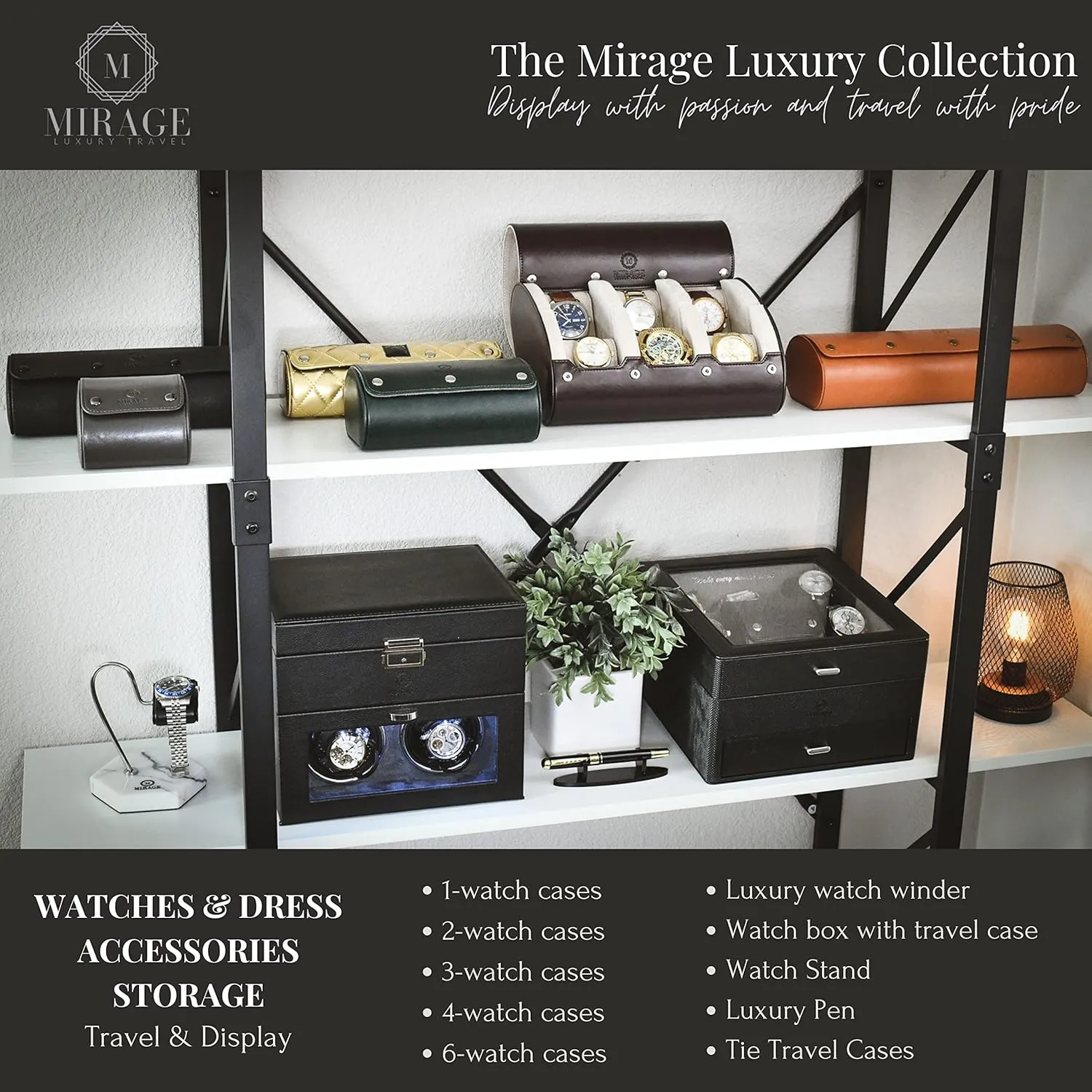 Watch Roll Case Organizer - Watch Travel Case for Men and Women - 3 Watch Carrying Case and Display - Jade Black with Mahogany Brown Interior Vegan Leather